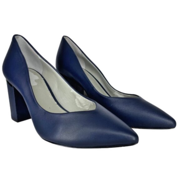 1. State Saffire Blue Pointed Toe Leather Block Pump Heel Office Career Sz 7M - Picture 3 of 10